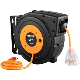 VEVOR Retractable Extension Reel, Heavy Duty 12AWG 3C SJTOW Power Cord 45 FT 12AWG, Black