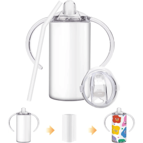 Sublimation Sippy Cup Blank With Handle, 12oz Stainless Steel Sippy Cups, Kids Cups With Straws And Lids Spill Proof Double Wall Vacuum Cups For Child